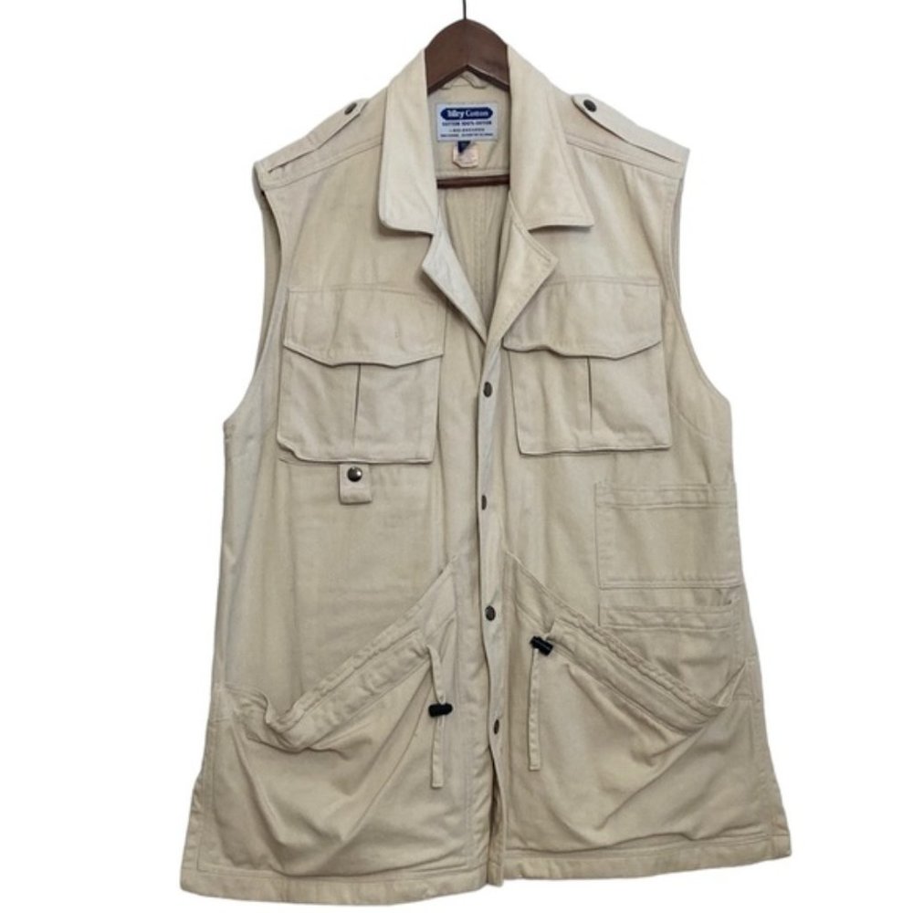 Tilley Beige Cotton Denim Utility Vest Multi Pocket Travel Fishing Camp